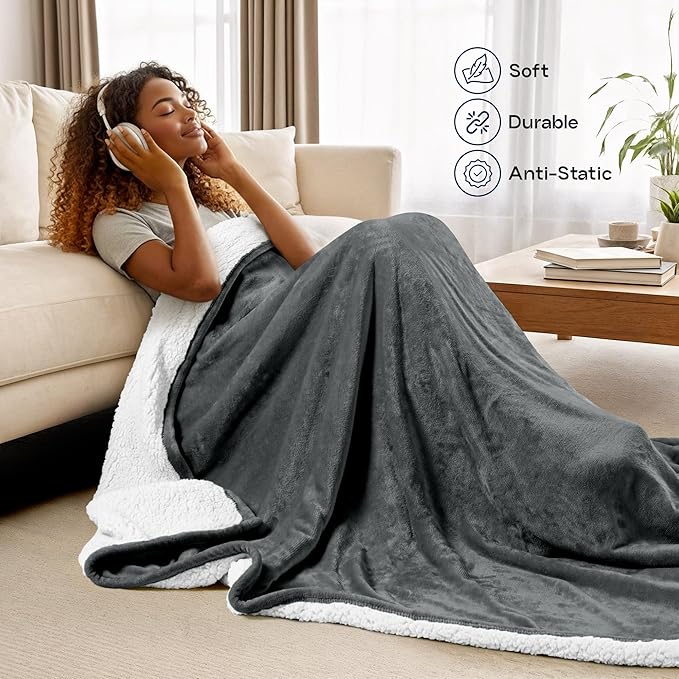 Utopia Bedding Sherpa Blanket King Size (Grey, 90x102 Inches) - Soft Warm Plush Fleece Reversible Blanket for Bed, Sofa, Couch, Camping and Travel