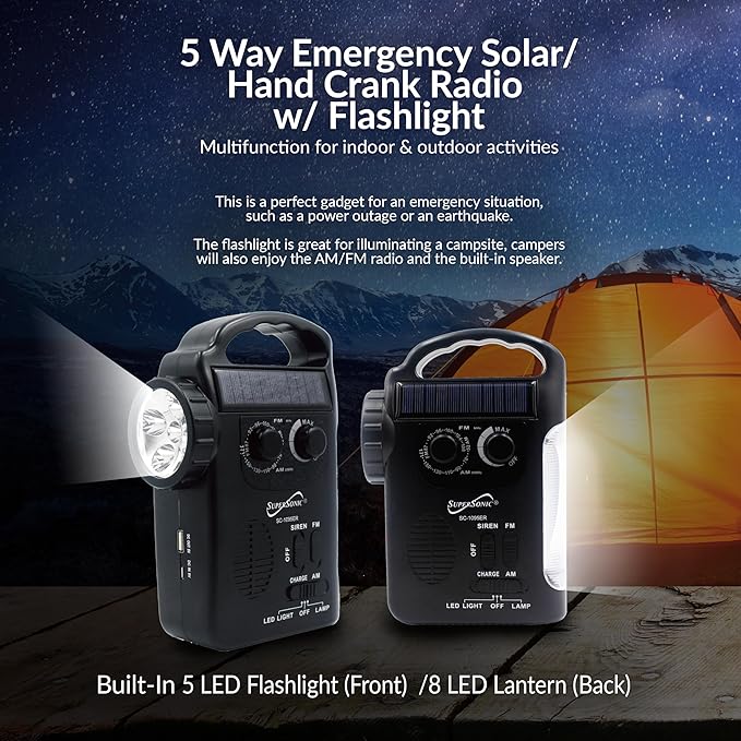 Supersonic SC-1095ER Emergency Solar/Hand Crank Radio w/Flashlight, 3 Power Supplies, Emergency Lantern, Speaker, AM/FM Radio, Solar Panel, Hand Generator, SOS Alarm, Phone Charger, 3xAA Compatible