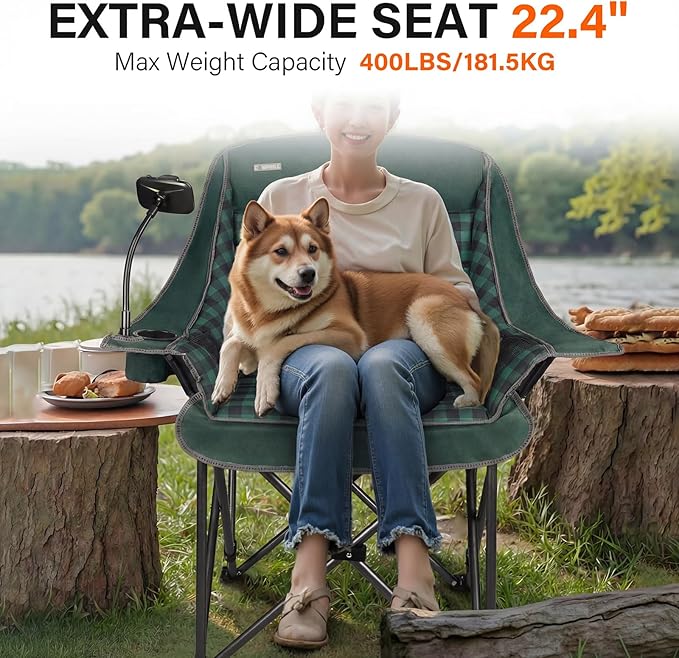 Oversized Camping Chairs for Adults- Heavy Duty Extra Large Lawn Chair,Folding Comfy Padded Camp Chair for Outdoor Sports Garden Beach Fishing,Wide&Thick,Green Plaid