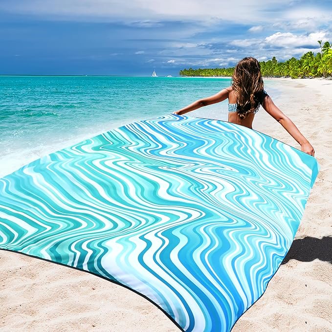 HIHOHO Beach Blanket Waterproof Sandproof Beach Mat for 1-8 Adults Quick Drying Durable Outdoor Picnic Mat for Beach Festival Travel Camping Hiking (Wave-Gradiant BL&GN, 79"×83"(4 Person))