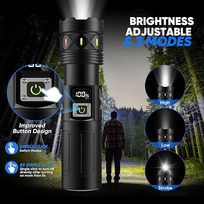 Flashlights High Lumens 100000 Rechargeable, Super Bright 50W LED, Long Running 15 Hours, USB C Input & USB Output, Zoomable 3 Modes, Powerful Strong Flash Light for Home Hiking Camping