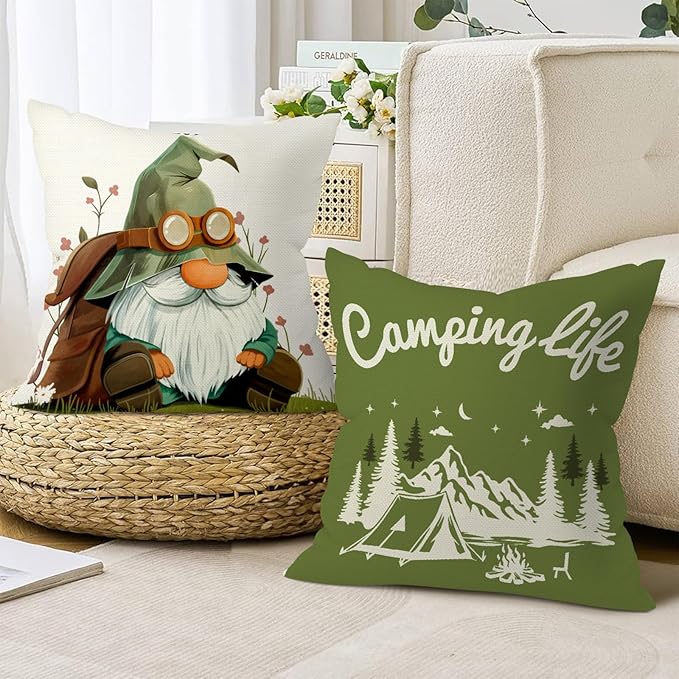 Gnome Happy Camper Camping Life Throw Pillow Covers 18x18 Inch Set of 4 Mountain Tent Campfire Cushion Covers Outdoor Decor for Couch Cushion Cases