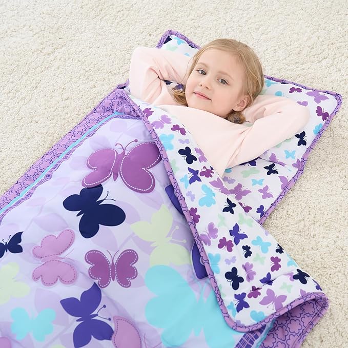 UOMNY Toddler Nap Mat Girls Kids Nap Mats with Removable Pillow and Blanket Butterfly Toddler Sleeping Bag for Preschool Daycare Purple 53x21 Inch