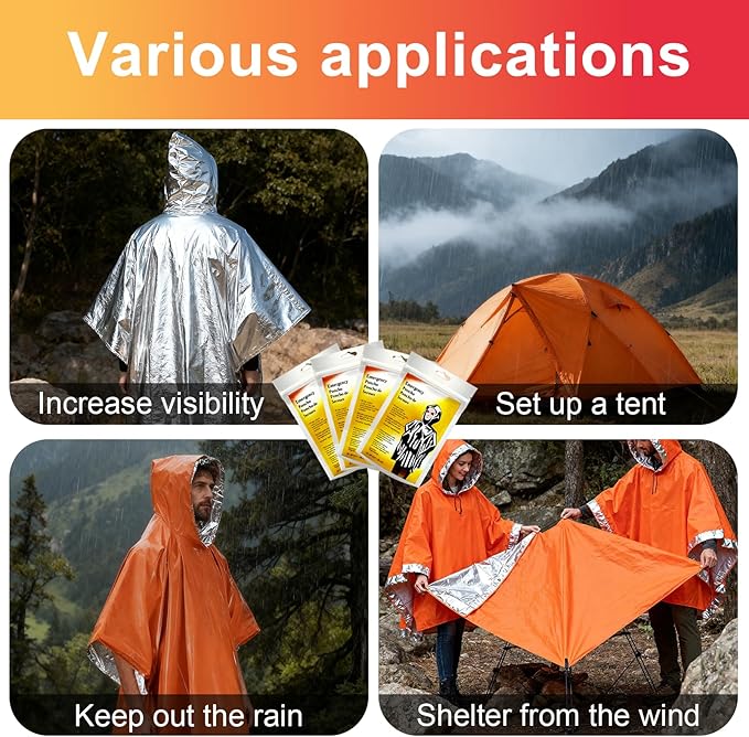 4 Pack Emergency Rain Ponchos, Emergency Insulation Blanket, Portable Outdoor Kit, Hurricane Preparedness Items, Waterproof, Windproof, Suitable For Camping Gear, Outdoor Travel(Orange)