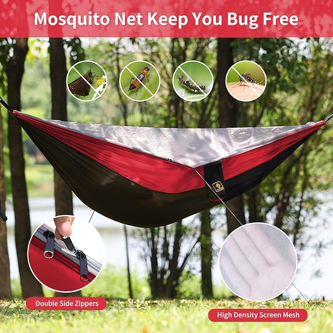 Camping Hammock with Mosquito Net,Lightweight 210T Nylon Hammocks,Portable Hammock with 10ft Tree Straps,Camping Gear Must Haves for Travel Hiking Backpacking Beach Patio-Black&Red