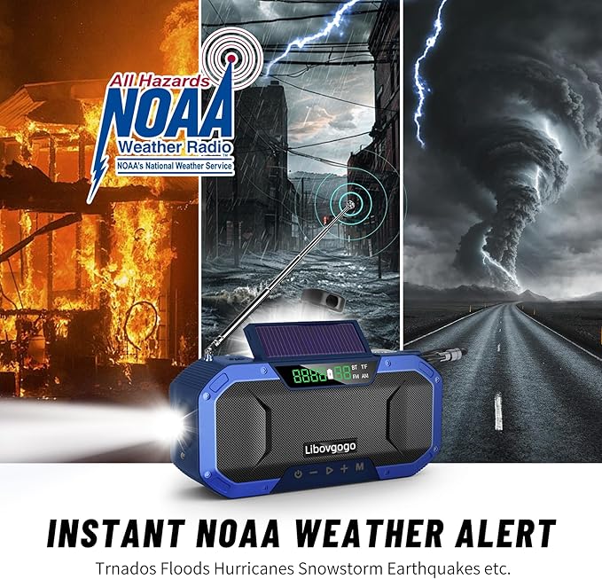 Emergency Radio Waterproof Bluetooth Speaker,Portable AM FM Radio with 5000mAh/18500mWh Cell Phone Charger,Flashlight,Reading Lamp,Hand Crank NOAA Weather Radio with Solar Panel,Emergency Survival Kit