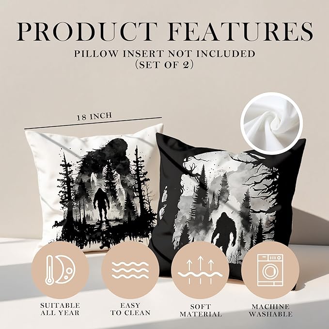 Funny Bigfoot Sasquatch Forest Throw Pillow Covers 18x18 Set of 2,Camper Decor Pillowcase,Big Foot Sasquatch Gifts,Camping Camper Bigfoot Gifts for Women（89）