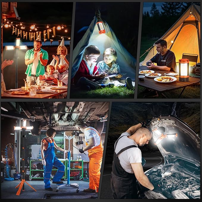 AKOFUN 12000mAh Camping Light with Stand, Rechargeable Work Light, 10000 Lumen Dimmable Cordless Work Light with 3 LED Lamp Heads, Magnetic Emergency Flashlight with 79" Detachable Tripod