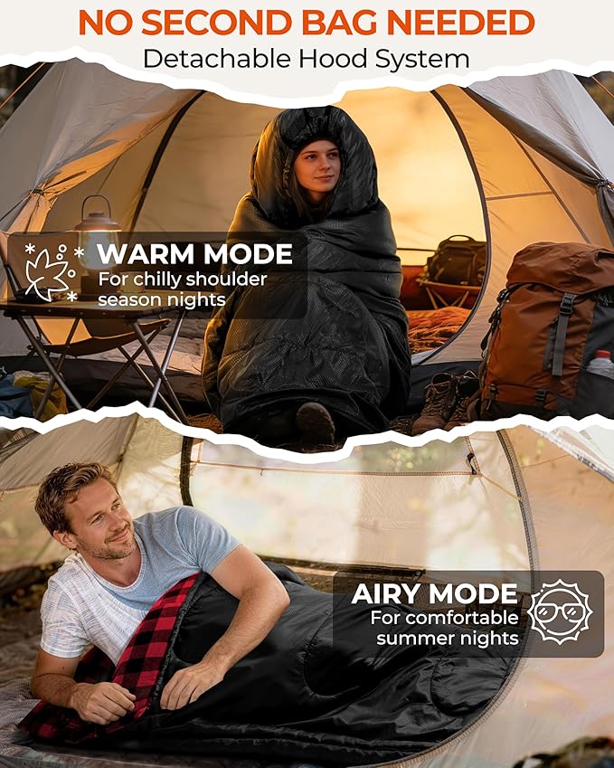 Sportneer 0 Degree Sleeping Bag for Cold Weather, XL Winter Sleeping Bag for Adults, Flannel Lined Camping Sleeping Bag, 32°F–59°F Rated, 87" x 33.5", 4.4 lbs, Detachable Hood, Compression Sack