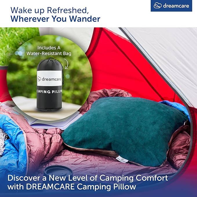 DREAMCARE Camping Pillow, Memory Foam Travel Pillow, Camping Accessories - Small Pillow Camping Essentials Camping Pillows for Sleeping, Backpacking Pillow, Travel Pillows for Sleeping (Medium,Green)