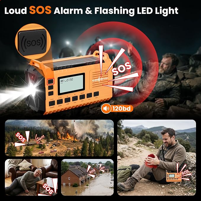 Emergency Weather Radio - AM/FM/NOAA Hand Crank Radio with 15W Fast Charge, 40000mAh Portable Solar Power Bank, Multi-Function Flashlight & SOS Alarm for Outdoor Indoor Emergencies (Orange)