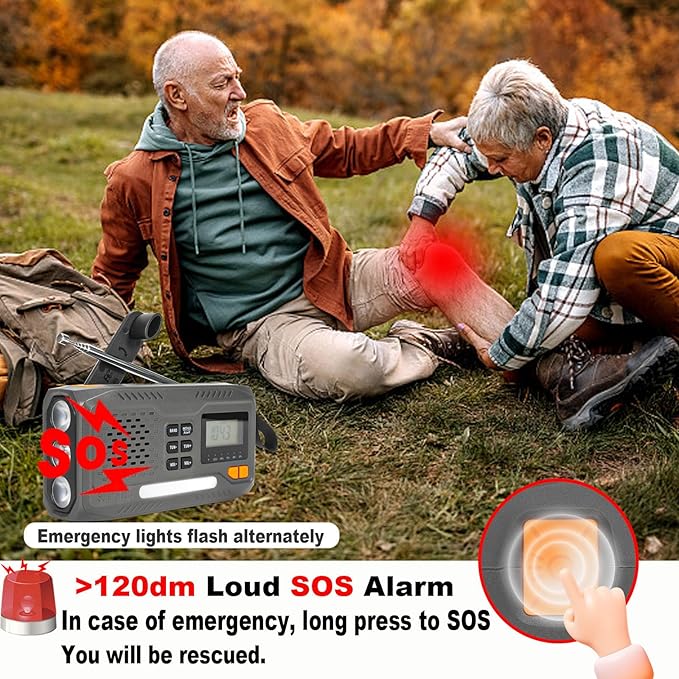 Emergency Hand Crank Radio, 7400mWh Solar Weather Radio with AM/FM/NOAA, Battery Powered Radio with Cell Phone Charger, Digital Display, Flashlight, Headphone Jack & SOS Alarm for Outdoor/Survival