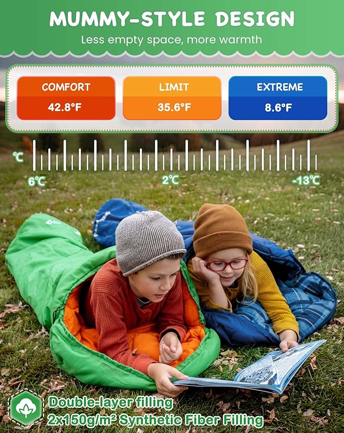 KingCamp 45°F Kids Sleeping Bag, Lightweight Waterproof & Compact Flannel Sleeping Bags Cold Weather & Warm Youth Essentials Gear Accessories for Camping, Fits 10-12 Children up to 4'7"-5'5" Tall