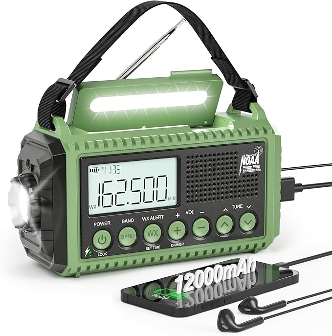 Eoxsmile NOAA Weather Radio 12000mAh - Emergency Radio Hand Crank Solar Battery Operated Portable AM/FM Shortwave Radio with USB-C Charger, Flashlight, SOS Alert for Home Outdoor Hurricane Survival
