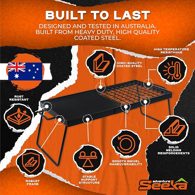 Adventure Seeka 24" Heavy Duty Folding Campfire Grill, Food-Safe Cooking Surface, Compact Folding Design, Portable Grill Grate & Griddle for Campfire Cooking, Australian Designed & Owned