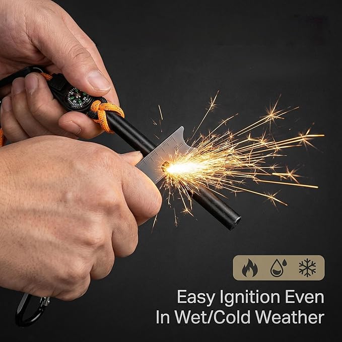 Ferro Rod Fire Starter with Compass, 3/8 Inch Thick Magnesium Ferrocerium Rod，Fire Starter Survival Tool with Multi-Tool Long Strikes, Flint Fire Starters for Camping & Hiking,Outdoor Emergency Kits.