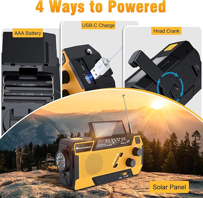 Emergency Crank Weather Radio: AM/FM/NOAA Weather Radio with 3 Built-in Cable - Hand Crank Radio with 2000mAh, Solar Charge, Hand Crank & Battery Operated, SOS Alarm, Flashlight for Outdoor Emergency