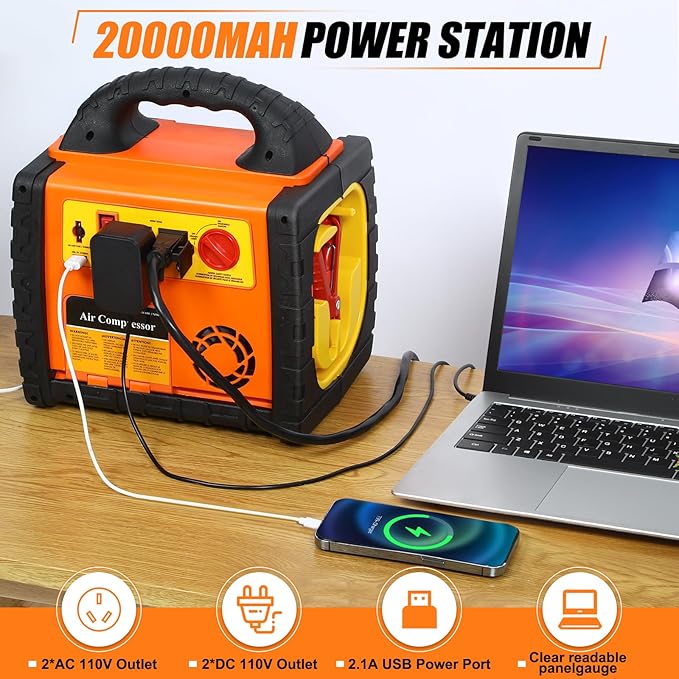 6 in 1 Jump Starter for Up to 8.5L Gas or 8.0L Diesel Engine,Upgraded 2200 Peak Amp 12V Auto Battery Car Starter with Air Compressor 150 PSI Tire Inflator,400 Watt Inverter AC/DC/USB Outlets