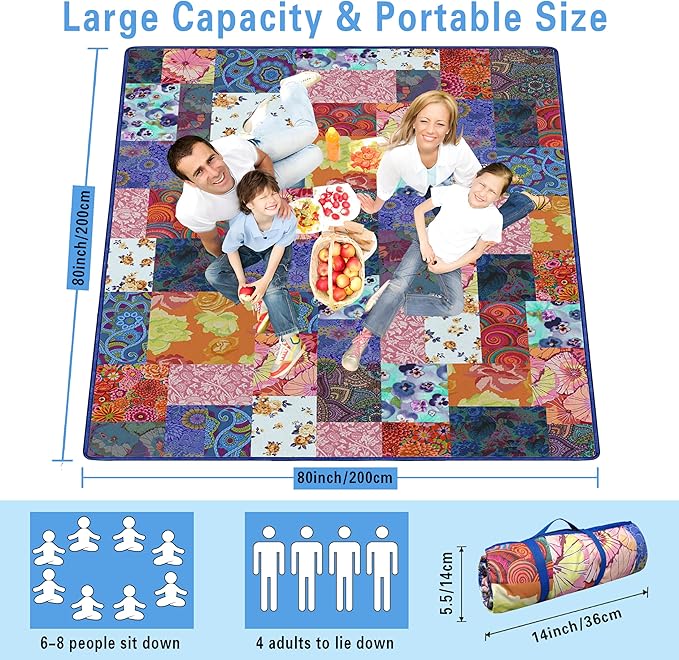 Supfitness Extra Large Picnic Blankets Waterproof Foldable (80 "x 80") Beach Blanket Waterproof Sandproof,3-Layer Thicking Mat Outdoor Packable Camping Blanket