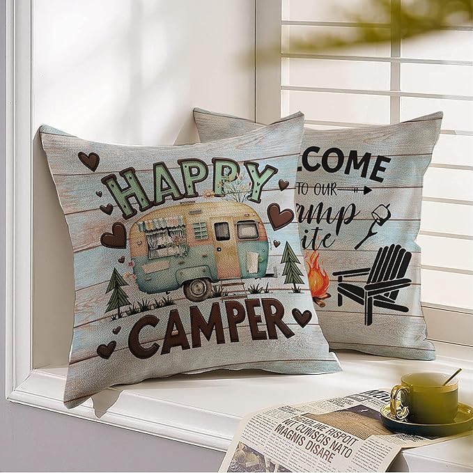 Happy Camper Throw Pillow Covers Set of 4 18" x 18" Vintage Rustic Wood Camper Quote Blue Square Throw Pillow Covers Home, Living Room, Bedroom, Home Staging, Outdoors