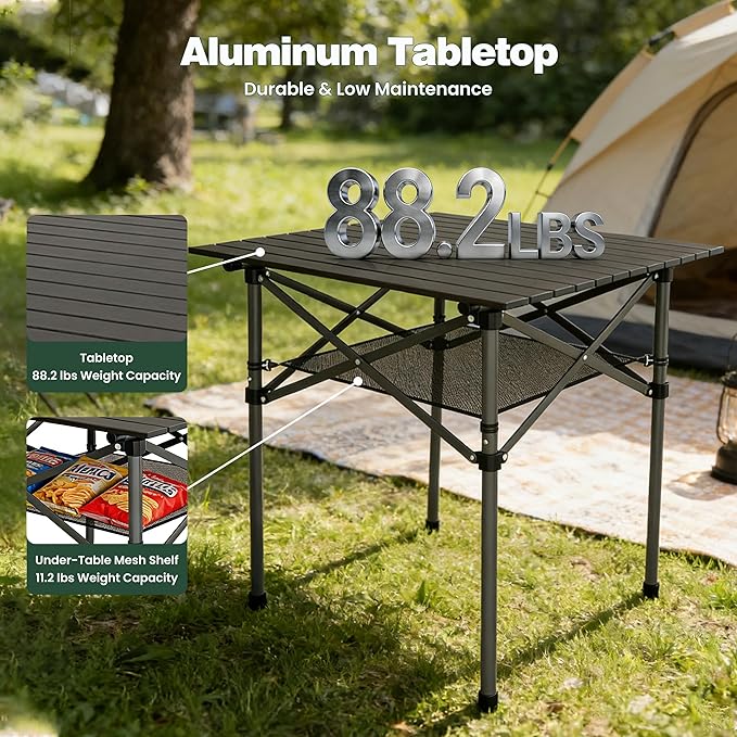 SUNNYFEEL Aluminum Folding Table for Camping, Lightweight Roll Up Top, Portable Camp Tables with Carry Bag for Outdoor Picnic (Square, Brown)