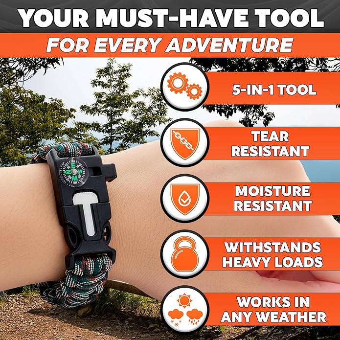 Paracord Bracelets for Men and Women – Adjustable Survival Paracord Bracelet with 10 ft Nylon Survival Cord, Flint Fire Starter, Compass, Whistle & Scraper – Gear for Camping, Hiking, Fishing & Travel