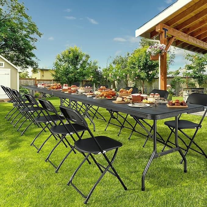 Bonnlo Folding Table 8ft, Portable Collapsible Plastic Black Long Tables for Party, Camping, Banquet, Craft, Dining, Wedding, Outdoor and Indoor Use