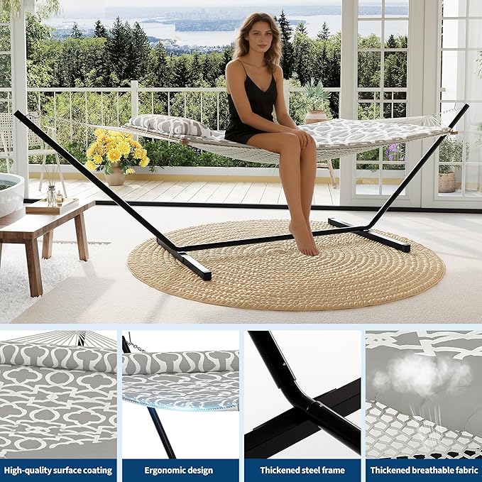 GarveeHome Double Hammock with Heavy-Duty Steel Stand, 2 Person Portable Hammock, 450LBS Max Weight Capacity, Easy Assembly, Ideal for Indoor, Backyard, Camping & Outdoor Use