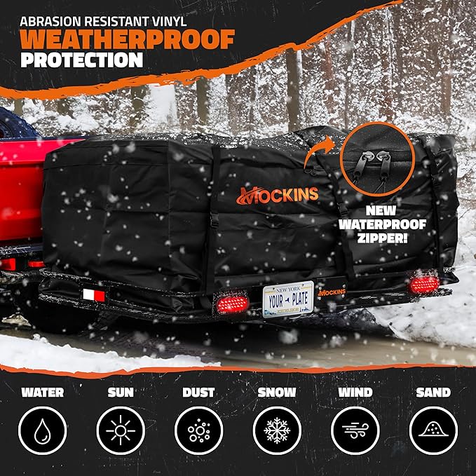 Mockins 72"x36"x6" XXL Folding Trailer Hitch Cargo Carrier w/ 50 CuFt Waterproof Cargo Bag for Hitch Carrier | 500 Lbs Cap Luggage Rack for SUV Car & Truck w/Rear Lights, License Plate Holder & More