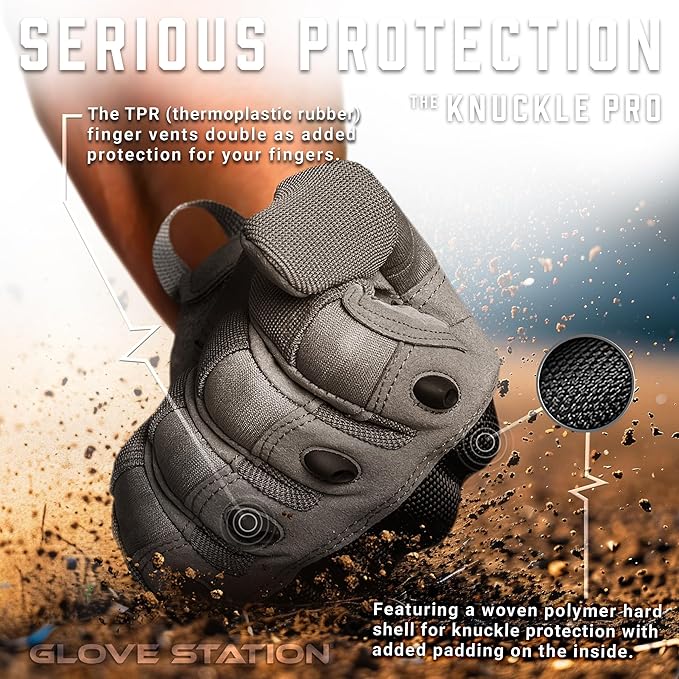 Glove Station Tactical Gloves for Men – Touchscreen Utility Gear with Hard Knuckle Protection Used in Motorcycle, Airsoft, Combat, Police, Shooting & Outdoor Work Gray - Hard Knuckle Large