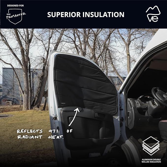 VanEssential Insulated Stealth Blackout Front Door Window Covers Designed for RAM Promaster Van Years 2014 to Current Model (Pair) - Black