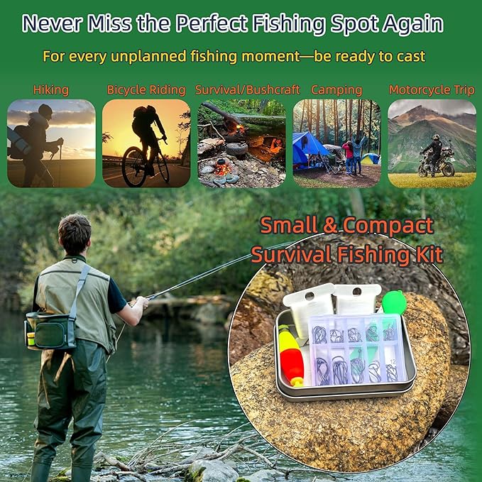 Mini Survival Fishing Kit–Compact Emergency Gear for Camping,Hiking,Bushcraft,Backpacking Small Tackle Box with Hooks,Line,Tools