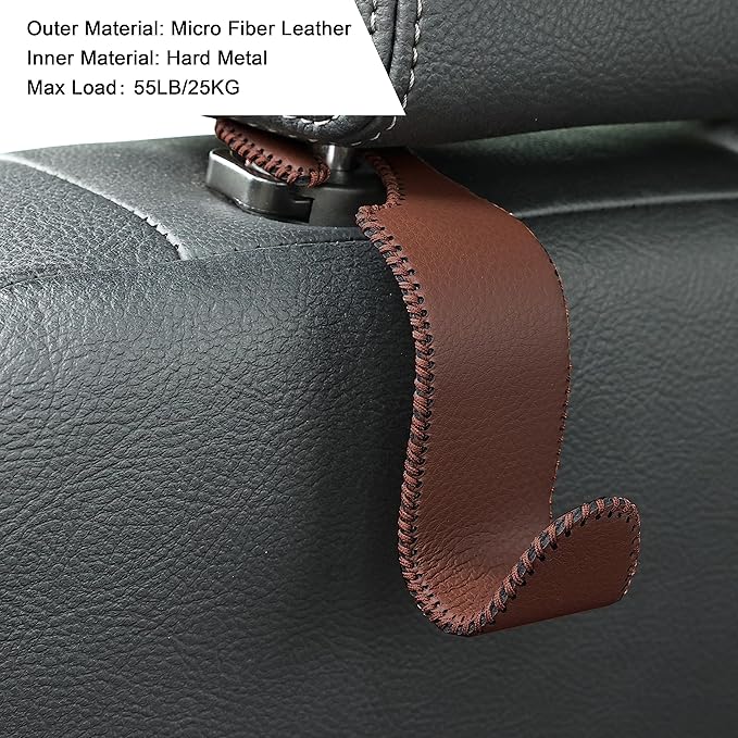 Amooca Car Seat Headrest Hook 4 Pack Metal Core Hanger Universal Car Storage Organizer for Handbag Purse Coat S Type Leather Brown
