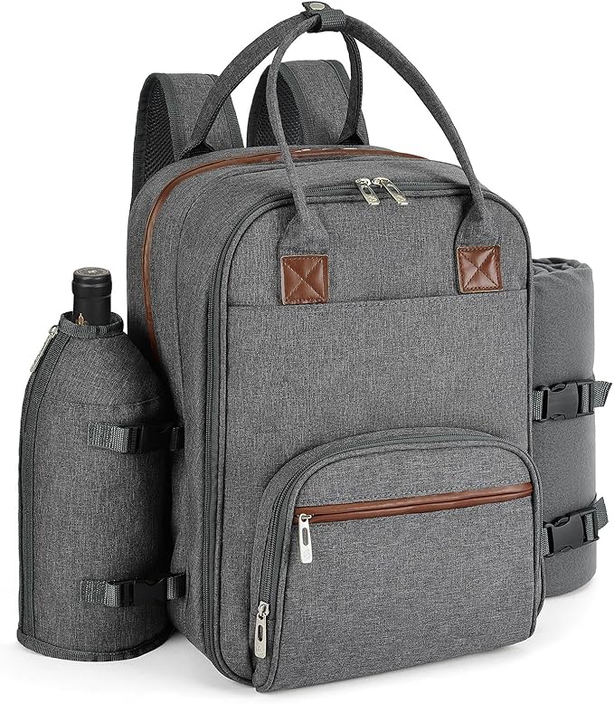 ALLCAMP Picnic Backpack - Insulated Cooler Bag with Compartment, Detachable Wine Glass Holder, Throw Blanket & Cutlery Set, 2 Person Picnic Set for Family Outings, Couple Gifts (Gray)