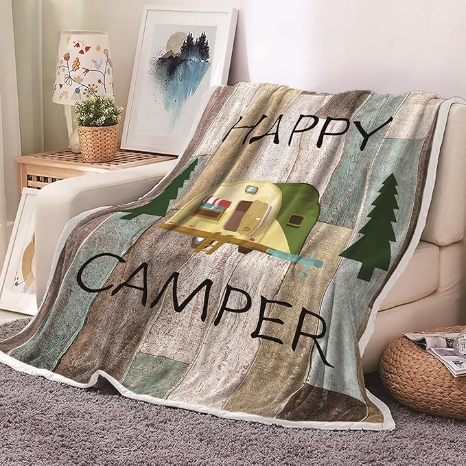 Camping Throw Blanket, Camping Gifts for Camper Outdoor Travel Trailer Blanket, Super Soft Comfy Fleece Flannel Throws Blankets for Couch Bed Sofa Living Room Bedroom Decor Green 60x70 Inches