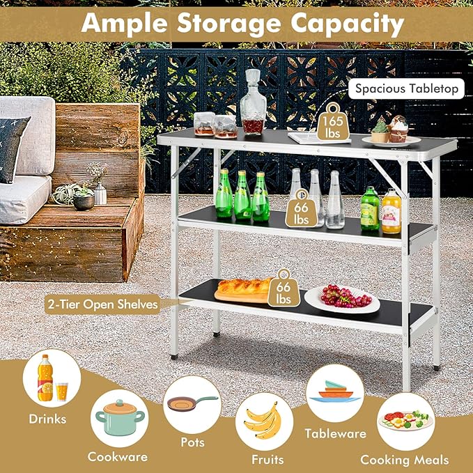 COSTWAY Folding Picnic Camping Table, Portable Lightweight Aluminum Table with Carry Bag, Food Prep Station with 2 Shelves, Quick Set-up, Outdoor Camping Table for BBQ, Party, Backyard (Black)