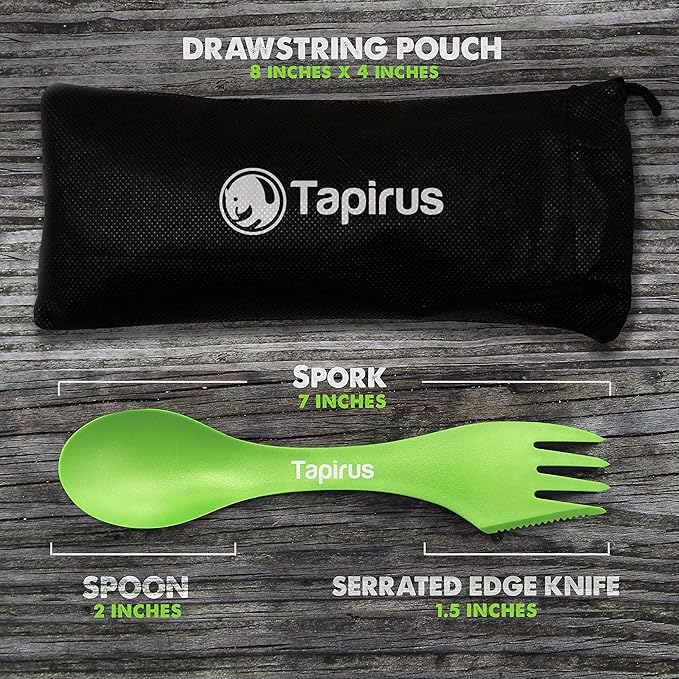 Tapirus - Camping Sporks to Go V8 Set - 7" BPA Free Plastic Sporks Reusable - Camping Spoon Fork Knife Combo with Bottle Opener & Case - For Hiking, Hunting, Backpacking Utensils, MREs - Pack of 8