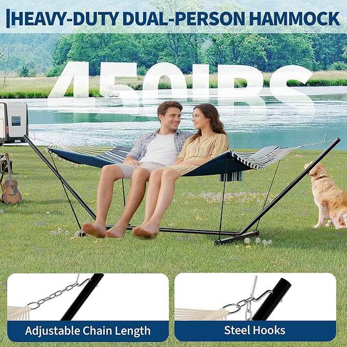 KYBOLT 2 Person Double Hammock with Stand & Pillow, 450 LBS Heavy Duty Outdoor Hammock with Balance Rope for Patio Backyard Poolside