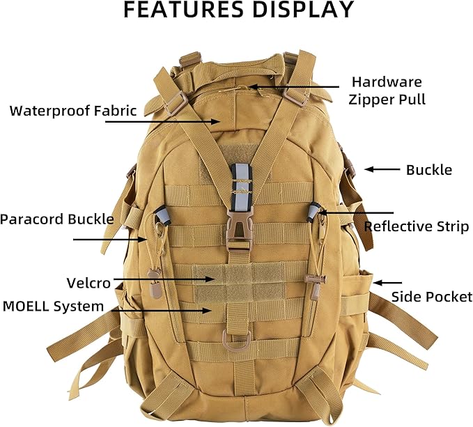 aiGear Tactical Backpack for Men, 25L Military Backpack, 3-Day Bug Out Bag for Camping Hiking Hunting with Molle System Army Daypack (25L Khaki)