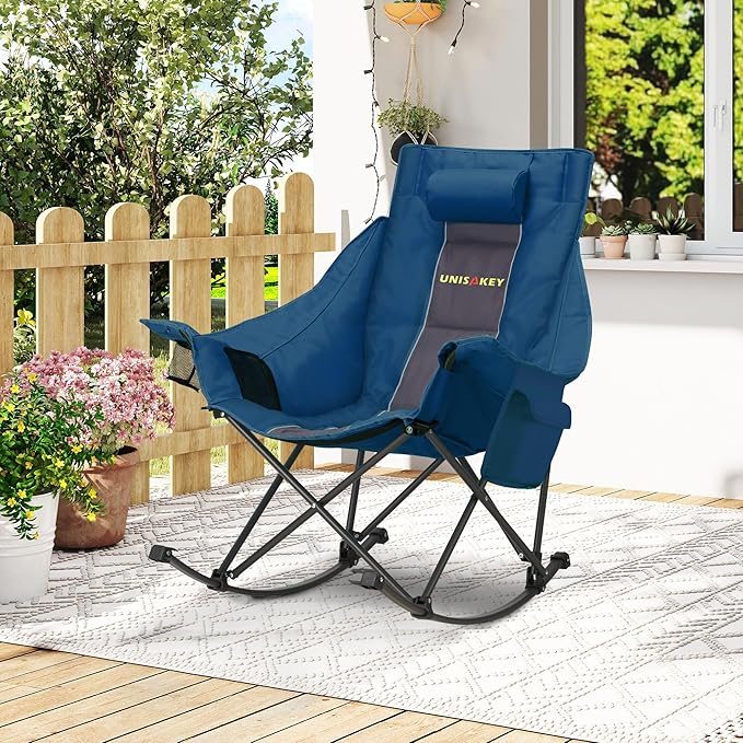 Unisakey Oversized Rocking Camping Chair with Headrest & Cup Holder - 400lbs Capacity, 600D Oxford Fabric, Easy Fold Portable Outdoor Rocker Chair for Camping, Backyard, Beach, Blue