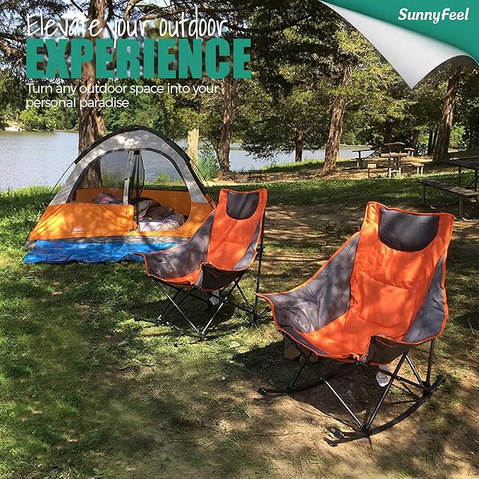 SUNNYFEEL Oversized Heated Rocking Camping Chair 2 Pack, Fully Padded Patio Chair with Side Pocket, High Back Portable Lawn Recliner with Carry Bag, Outdoor Rocker Chair for Adults Heavy Duty 500 LBS