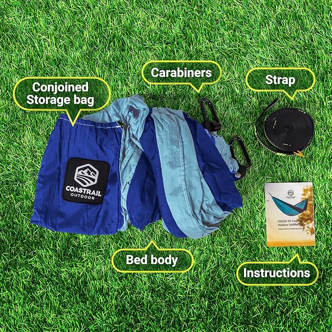 Coastrail Outdoor Deluxe Portable Hammock Compact 1-Person 108"*54" Hammock Multi-Purpose Indoor/Outdoor- Hammock Kit with Tree Straps and Carabiners, Blue, One Size