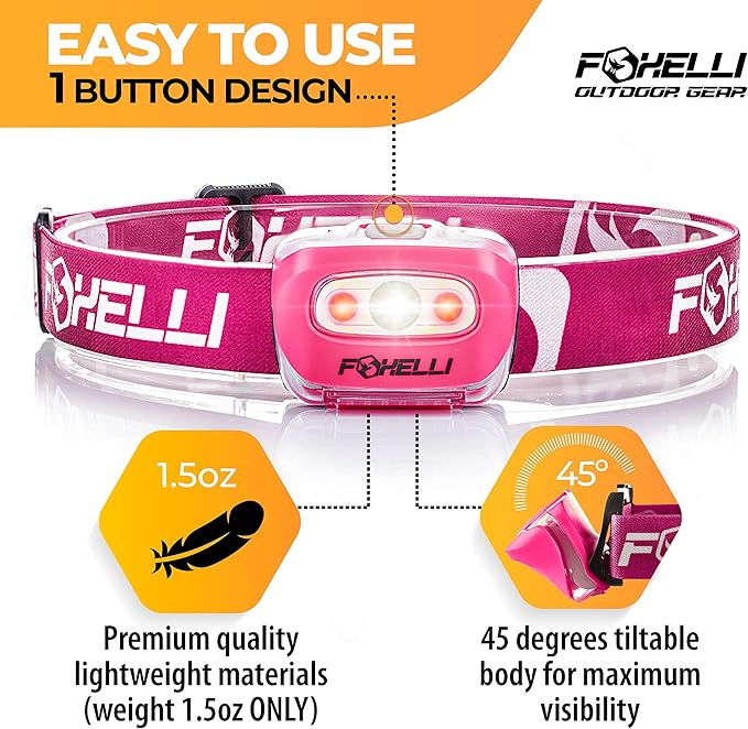 Foxelli LED Headlamp Flashlight for Adults & Kids, Running, Camping, Hiking Head Lamp with White & Red Light, Comfortable Headband, Lightweight & Waterproof, 3 AAA Batteries