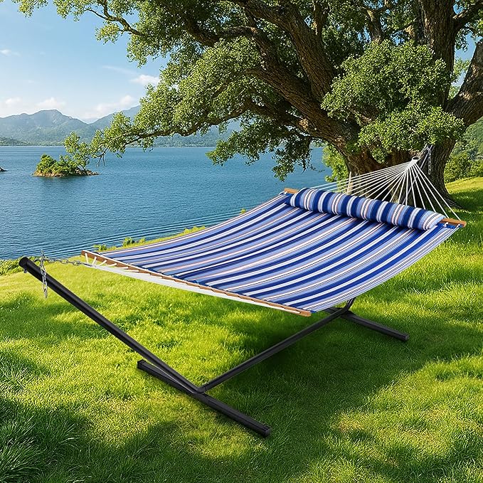 SUPERJARE Hammock with Stand, 2 Person Quilted Outdoor Hammock, Detachable Pillow & Bamboo Spreaders, Portable Hammock with Carrying Bag, Heavy Duty Stand, Perfect for Outside, Navy Blue Stripe