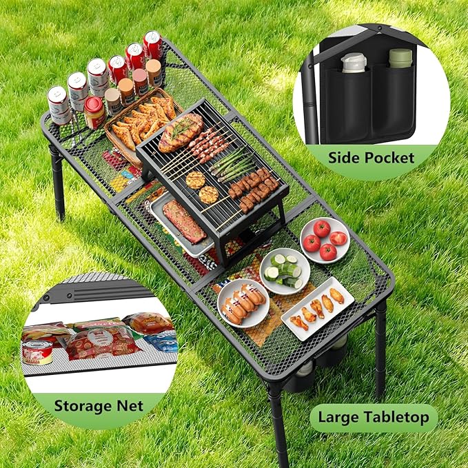 Raynesys Tri-fold Camping Table, 3 Heights Adjustable Grill Table with Storage Bag, Aluminum Frame Folding Tables, Portable Handle for Outdoor Camping Picnic Cooking BBQ, 35.43"x15.75", Black
