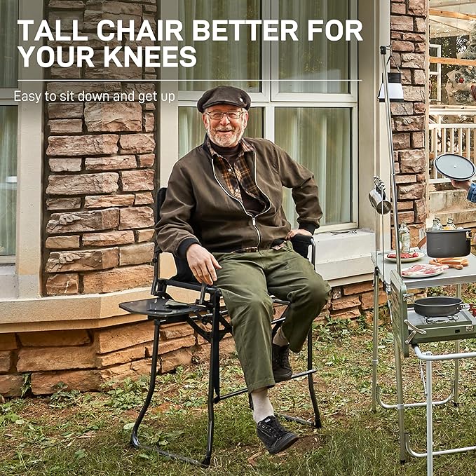 EVER ADVANCED Portable 30.7" Seat Height Tall Folding Camping Chair Directors Chair High Foldable Bar Stool with Side Table for Makeup Artist, Sports Event, Craft Show, Supports 350LBS