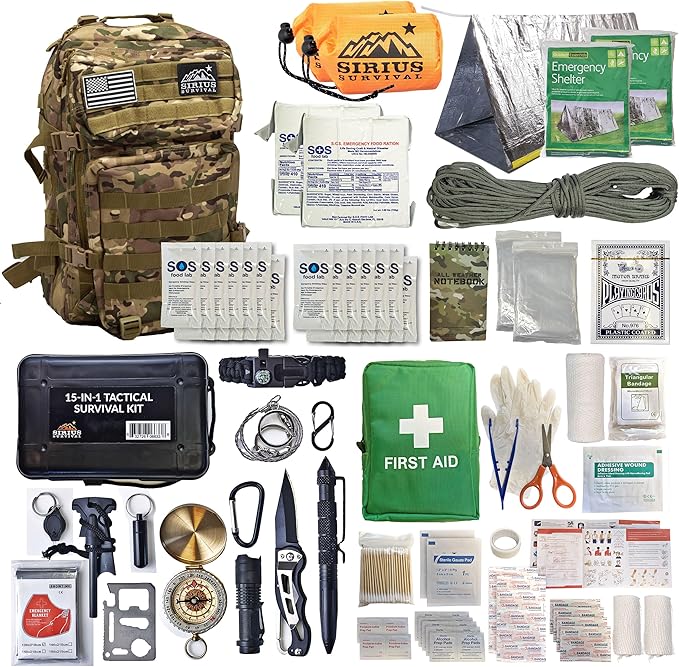 Sirius: Bug Out Bag Starter Kit - 72 Hour Kit for 1 Person – Backpack Survival Kit – 50L Tactical Backpack, US Made Food & Water, Medical Supplies & Survival Tools