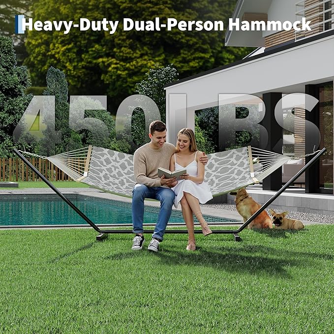 Garvee 2 Person Outdoor Hammock with Stand, Heavy Duty Portable Double Hammock with Balance Rope, MAX 450 LBS Capacity for Patio, Backyard, Garden, Beach
