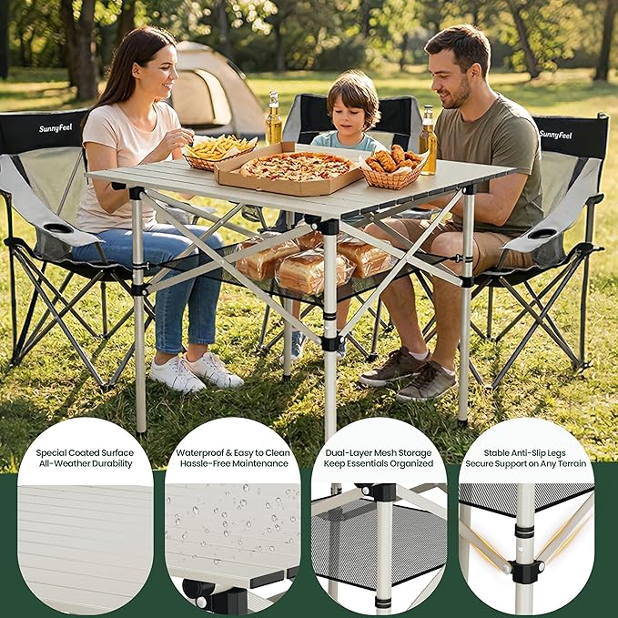 SUNNYFEEL Aluminum Folding Table for Camping, Lightweight Roll Up Top, Portable Camp Tables with Carry Bag for Outdoor Picnic (Square, Gray)