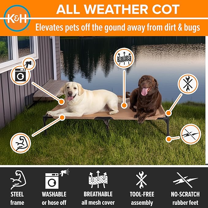 K&H Outdoor Elevated Dog Bed - Cooling Raised Dog Bed for Extra-Large & Giant Pets, Breathable Mesh Hammock Design, Indoor/Outdoor Washable Cover, Portable Metal Frame, Tan, Jumbo 56x38in